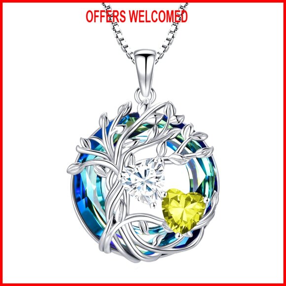 Sterling Silver Tree of Life Pendant Necklace with Birthstones Gift Box